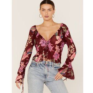 Free People Red Floral Piece Of Paradise Blouse Bell Sleeve Tie Front Crop Top S
